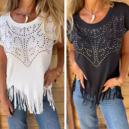 T-shirt uni à manches courtes pour femme avec impression à chaud et ourlet effiloché