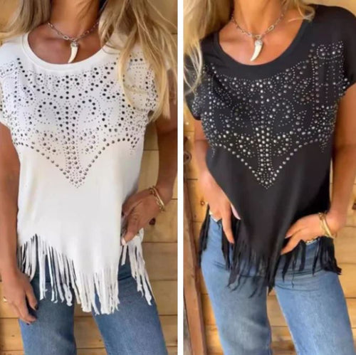 T-shirt uni à manches courtes pour femme avec impression à chaud et ourlet effiloché