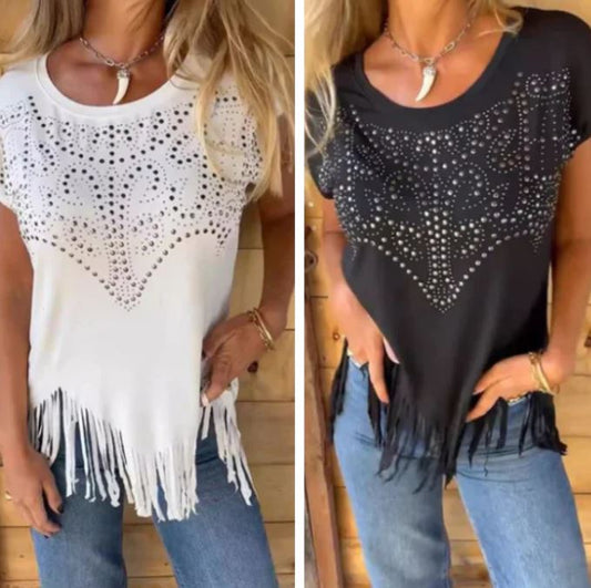 T-shirt uni à manches courtes pour femme avec impression à chaud et ourlet effiloché