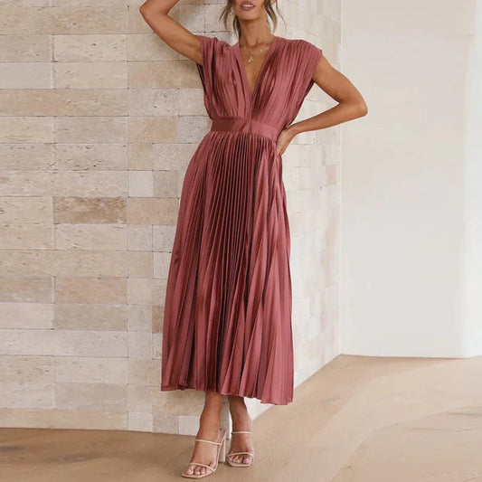 Robe midi plissée avec encolure en V et manches courtes élégantes
