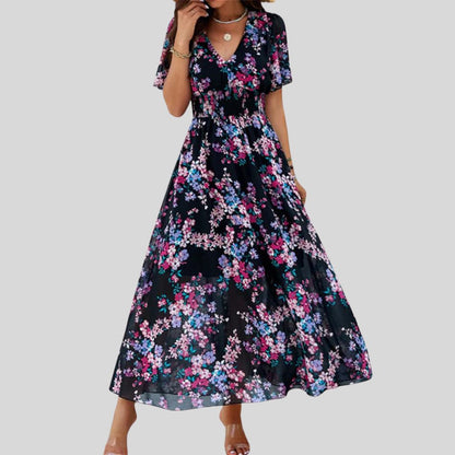 Pauline Laurent® | Robe midi à col V floral et manches courtes