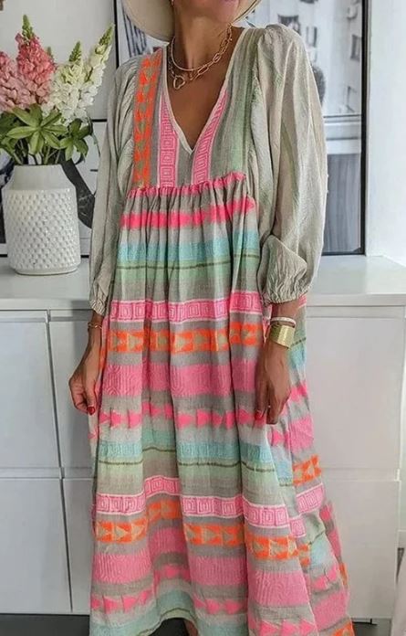 Luisa - Robe midi évasée à imprimé géométrique de blocs de couleur