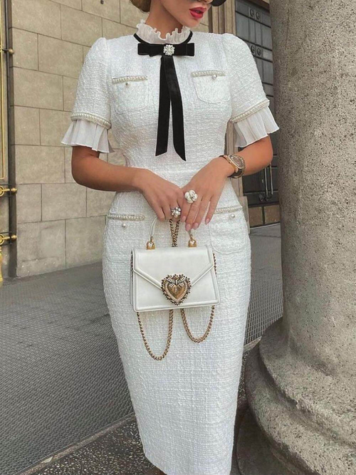 Robe Midi Sophistiquée En Tweed Avec Nœud Et Volants