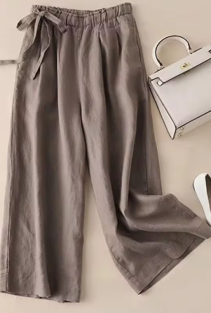 Pantalon coupe droite avec nœud kaki et taille haute élastique
