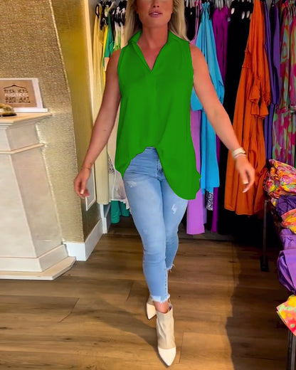 Tahliana™ - Top Sans Manches avec Volants Subtils et Revers Élégants