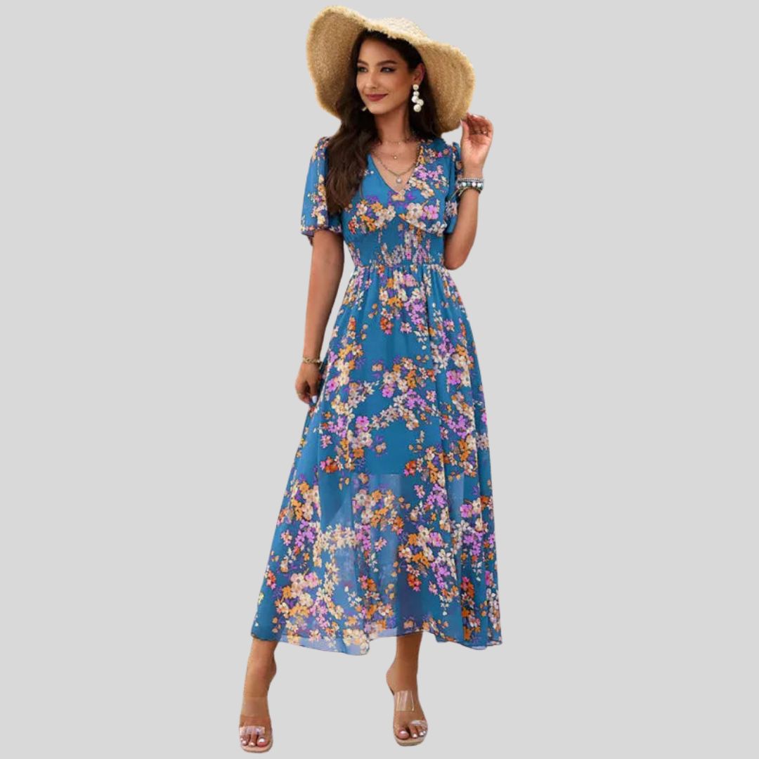 Pauline Laurent® | Robe midi à col V floral et manches courtes