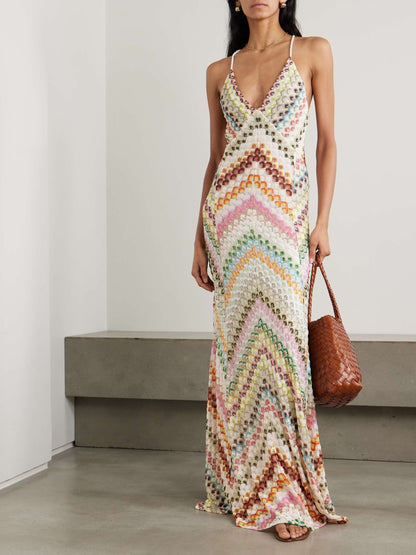 Robe longue ouverte en tricot à imprimé chevrons colorés