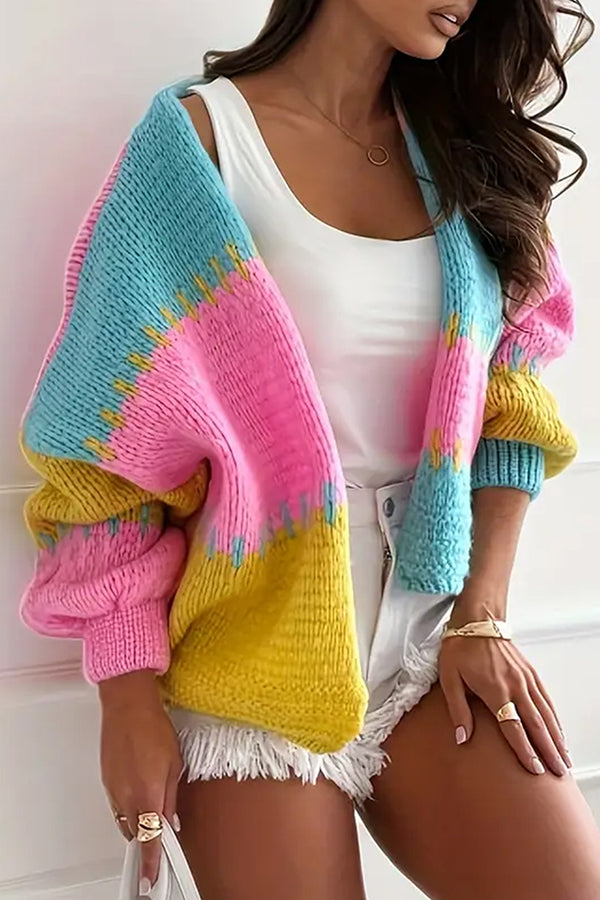 Cardigan Tricoté Décontracté Confortable avec Détail de Couture Contrastante
