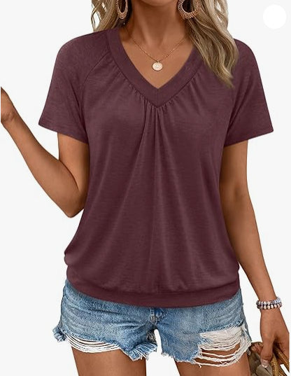 T-Shirt Femme Col V à Fronces – Haut Décontracté et Élégant à Manches Courtes