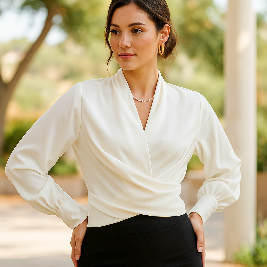 Blouse Chic à Manches Bouffantes et Col V pour un Style Sans Effort