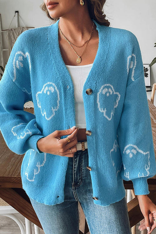 Cardigan boutonné en maille avec fantôme d'Halloween douillet