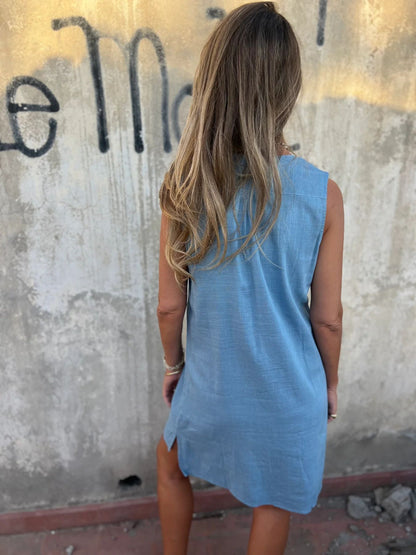 Nerelle™ - Robe Décontractée en Coton et Lin avec Col en V et Poche Latérale
