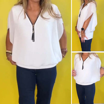 Haut décontracté léger en chiffon avec manches courtes et fermeture éclair