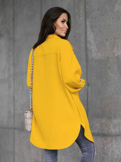 Veste-chemise longue confortable à boutons avec col et revers en laine