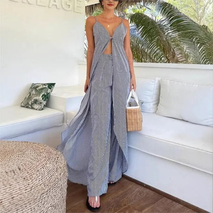 Ensemble top rayé sans manches avec pantalon ample décontracté