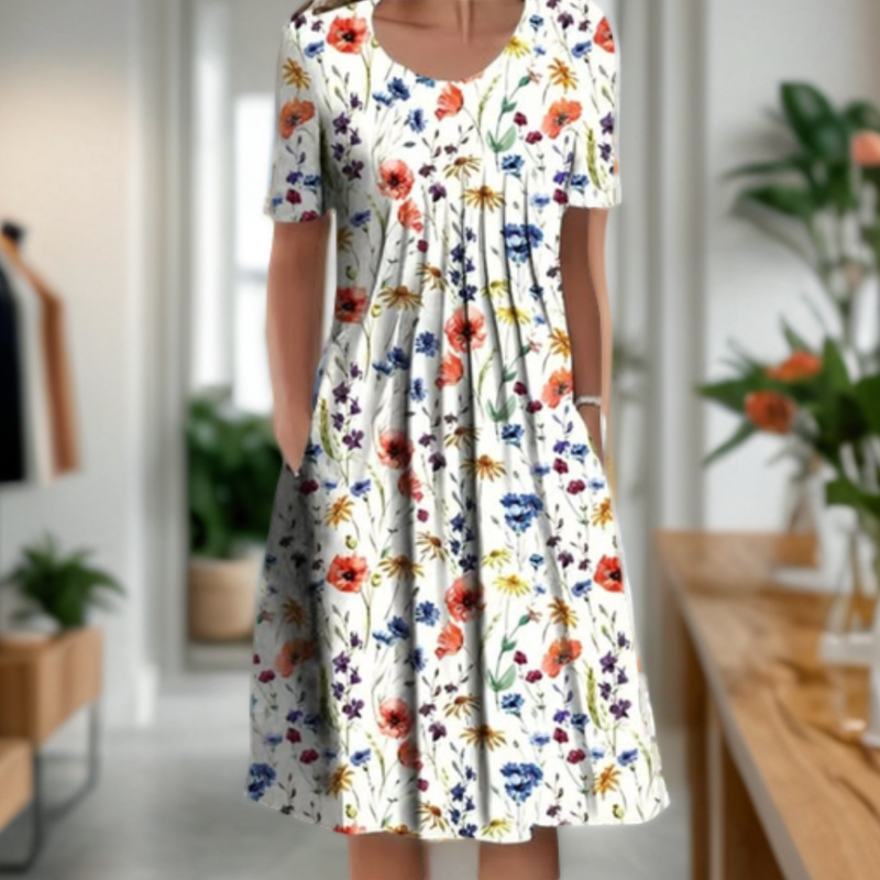 Robe ample à encolure ronde, manches trois-quarts et imprimé