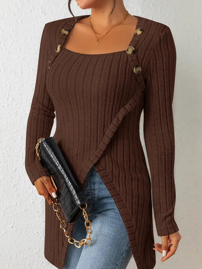Top Asymétrique En Coton Avec Boutons et Côtes