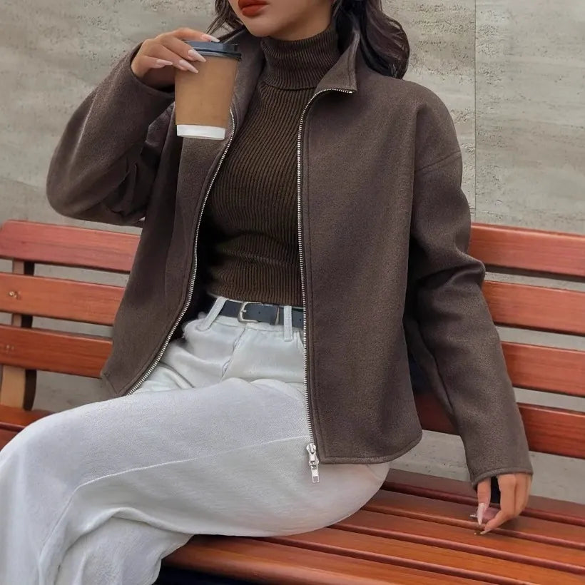 Veste courte décontractée avec col montant et fermeture éclair