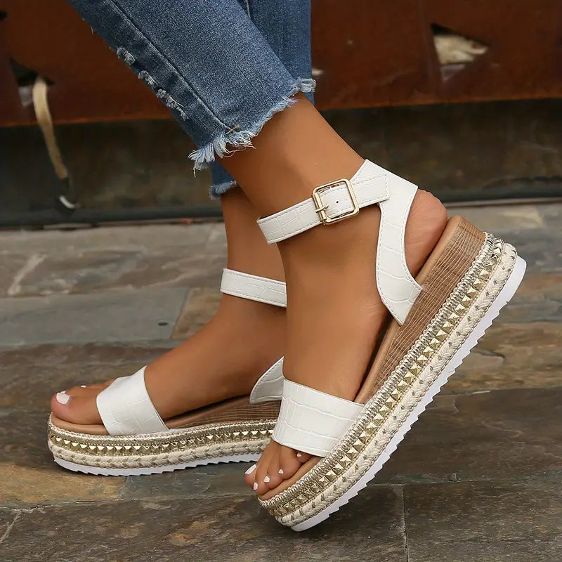 Sandales Compensées à Bride Cheville Luxe Femmes