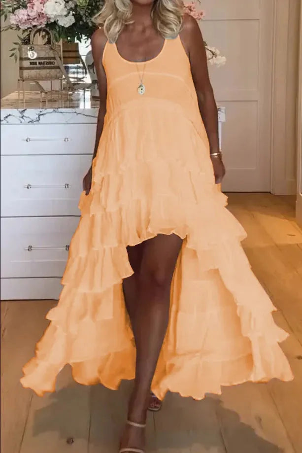 Belle robe pour femme, courte à l'avant et longue à l'arrière avec volants