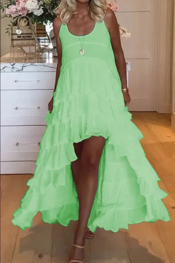 Belle robe pour femme, courte à l'avant et longue à l'arrière avec volants