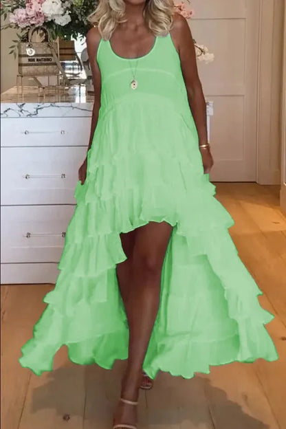 Belle robe pour femme, courte à l'avant et longue à l'arrière avec volants