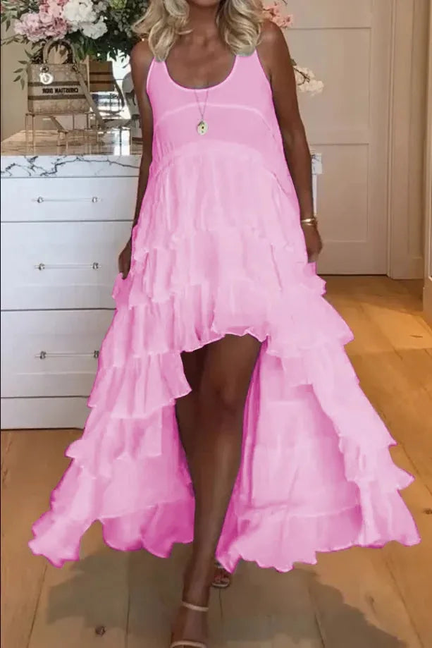 Belle robe pour femme, courte à l'avant et longue à l'arrière avec volants