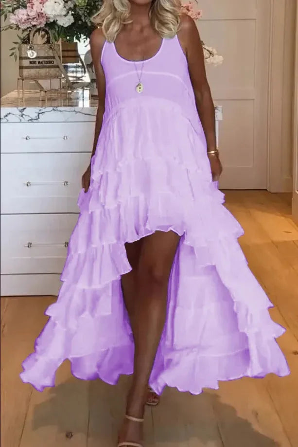 Belle robe pour femme, courte à l'avant et longue à l'arrière avec volants