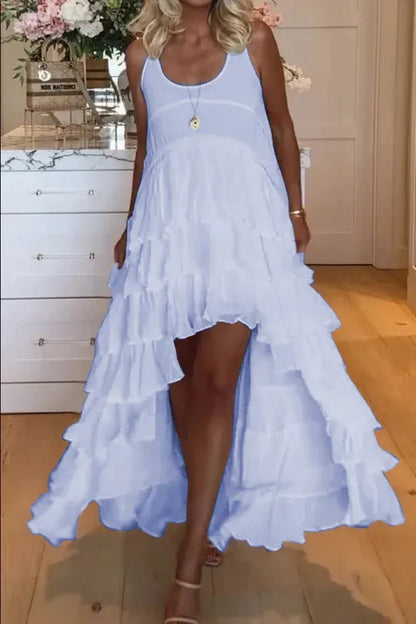 Belle robe pour femme, courte à l'avant et longue à l'arrière avec volants