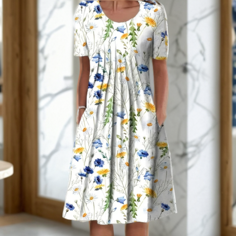 Robe ample à encolure ronde, manches trois-quarts et imprimé