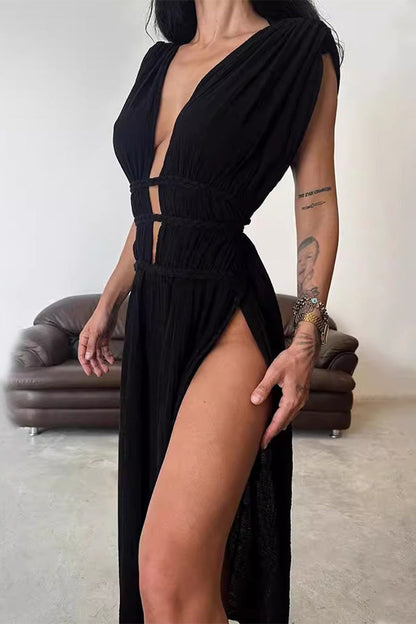 Robe de plage bohème à col en V et fente