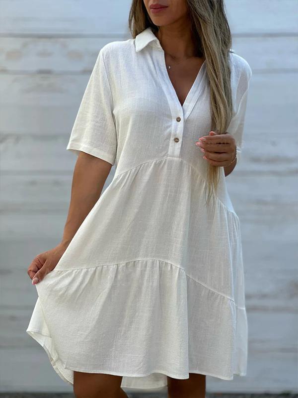 Vionelle™ - Robe décontractée, unie, à manches courtes en coton et lin pour femme