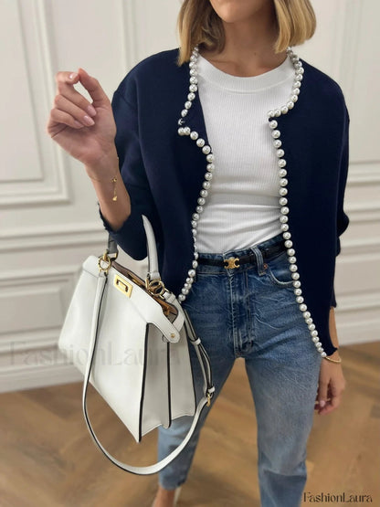 Cardigan en maille à bords déchirés avec bordure de perles