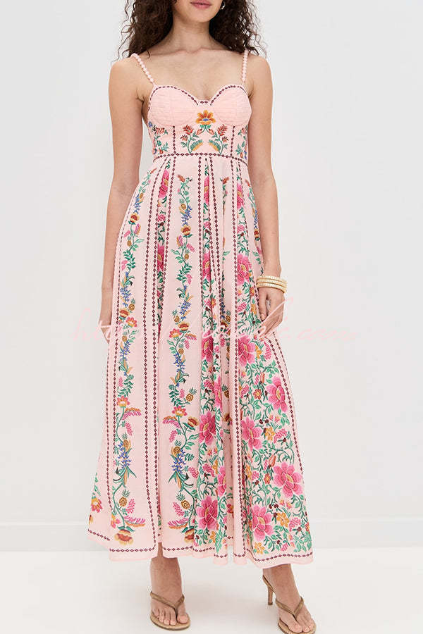 Robe maxi en mélange de lin avec bretelles en perles et décolleté en cœur
