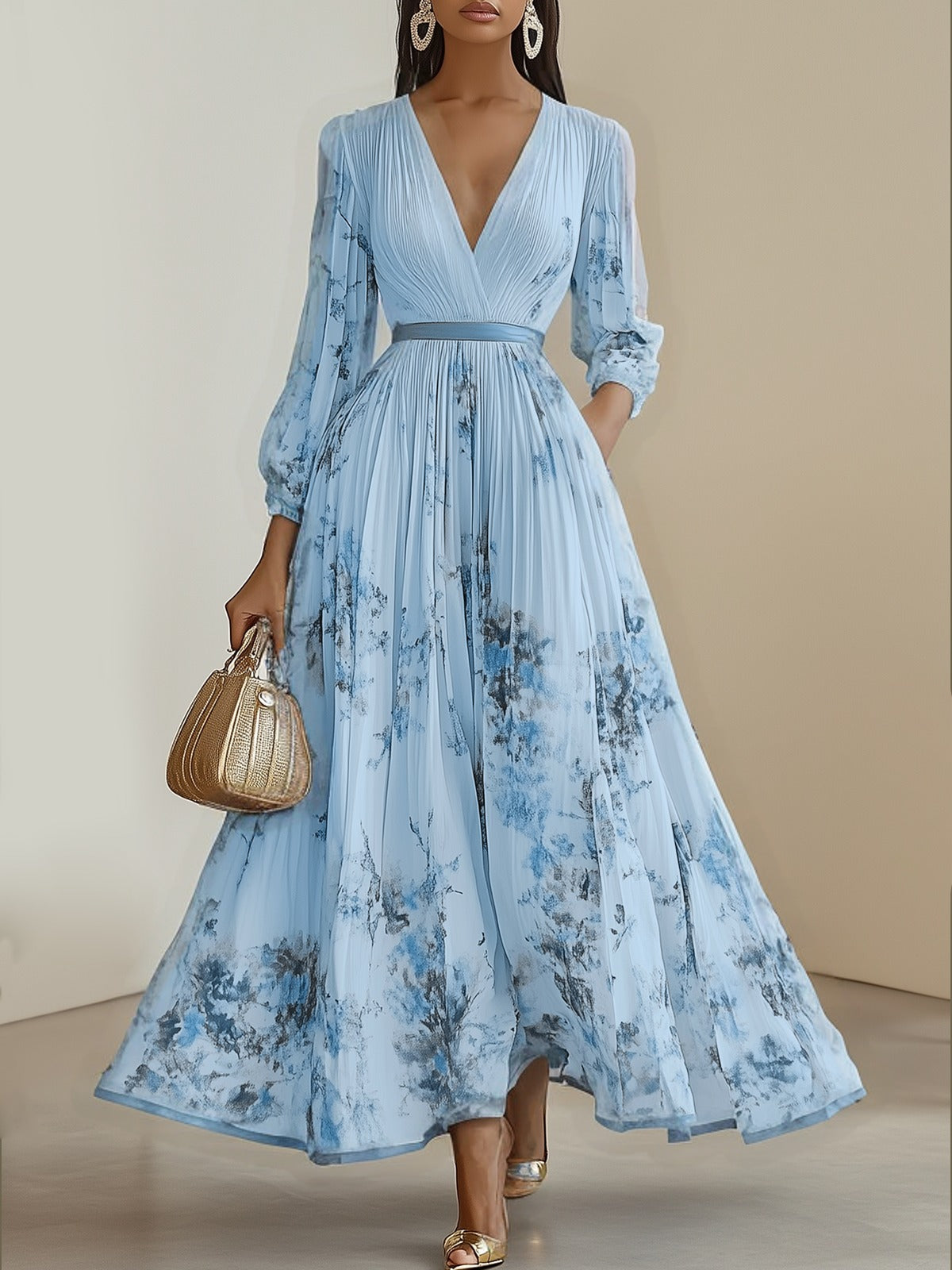 Robe longue plissée en mousseline de soie à fleurs