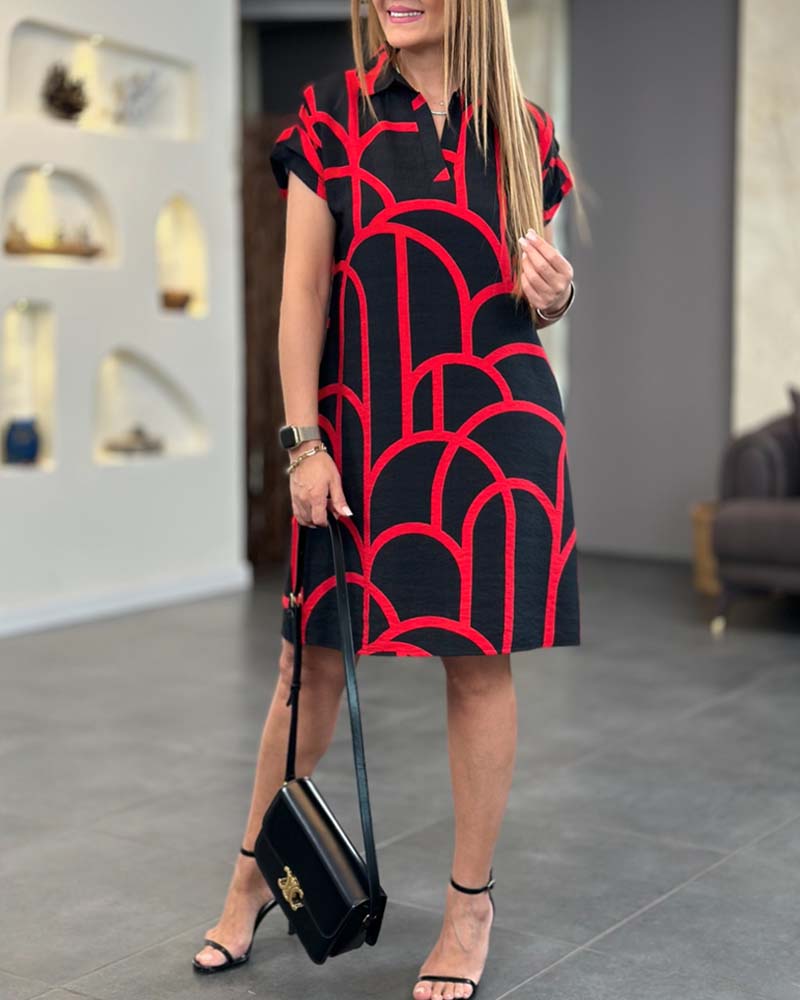Robe Midi Femme À Manches Courtes Avec Imprimé Ligne Inversée