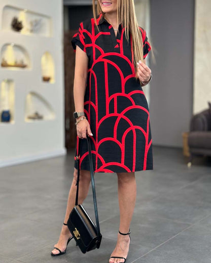 Robe Midi Femme À Manches Courtes Avec Imprimé Ligne Inversée