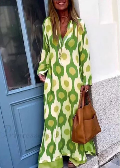 Robe Boho à Encolure en V avec Imprimé Géométrique et Fente d'Automne