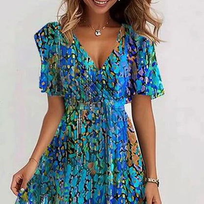Robe mi-longue à manches courtes bleu spécial