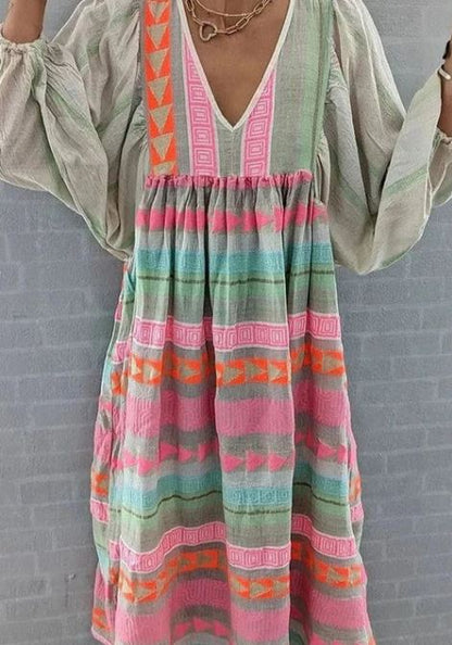 Luisa - Robe midi évasée à imprimé géométrique de blocs de couleur