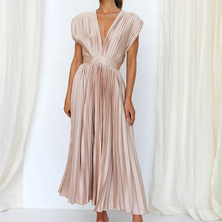 Robe midi plissée avec encolure en V et manches courtes élégantes