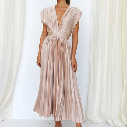 Robe midi plissée avec encolure en V et manches courtes élégantes