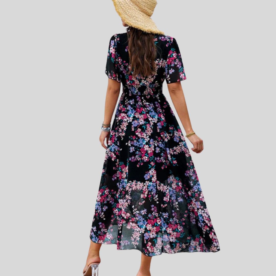 Pauline Laurent® | Robe midi à col V floral et manches courtes