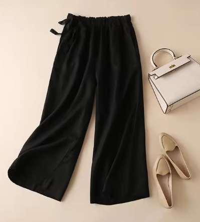Pantalon coupe droite avec nœud kaki et taille haute élastique