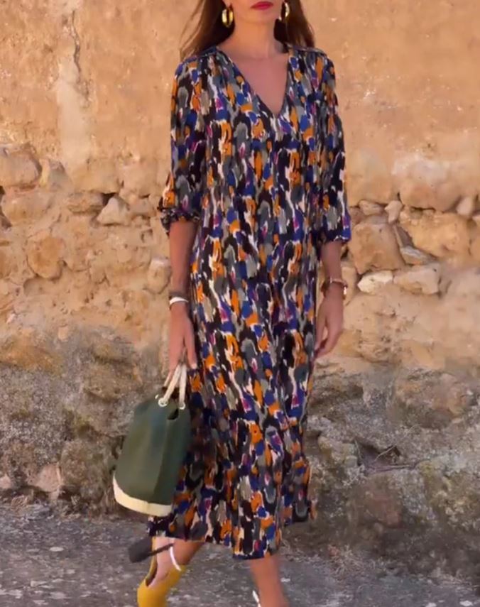Robe col V imprimé rétro