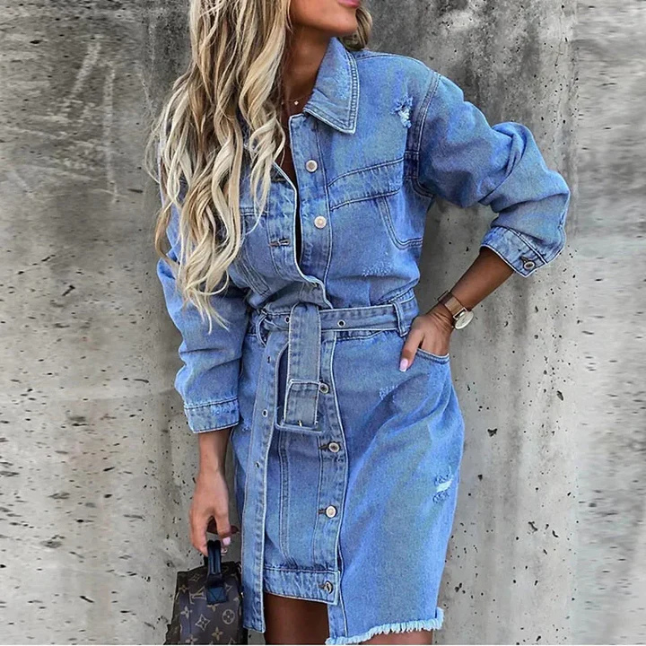 Robe En Jean Boutonnée À Manches Longues Et Ceinture Pour Femme