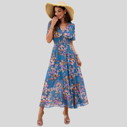 Pauline Laurent® | Robe midi à col V floral et manches courtes