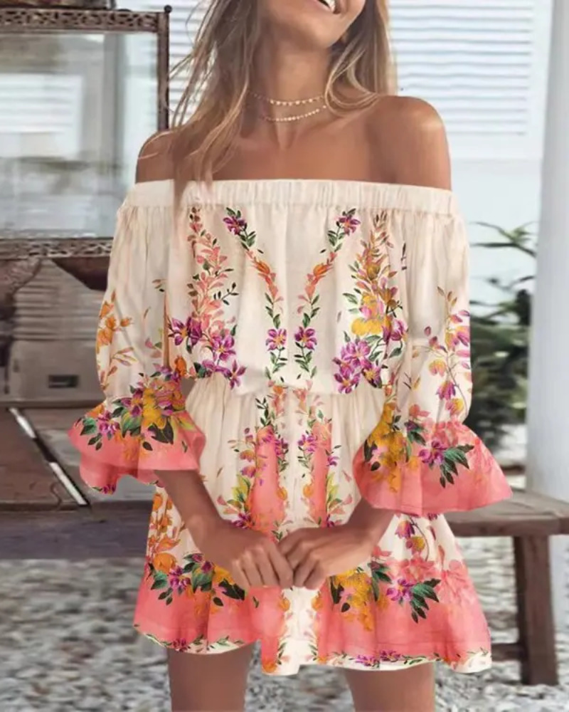 Pauline Laurent® | Robe à épaules découvertes avec imprimé feuilles de bohème