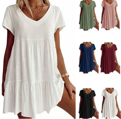 Robe tissée décontractée à encolure en V manches courtes