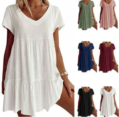 Robe tissée décontractée à encolure en V manches courtes